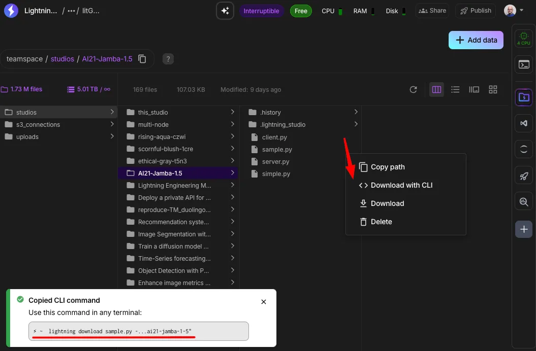 Copy the download command for a studio's file or folder from your drive.