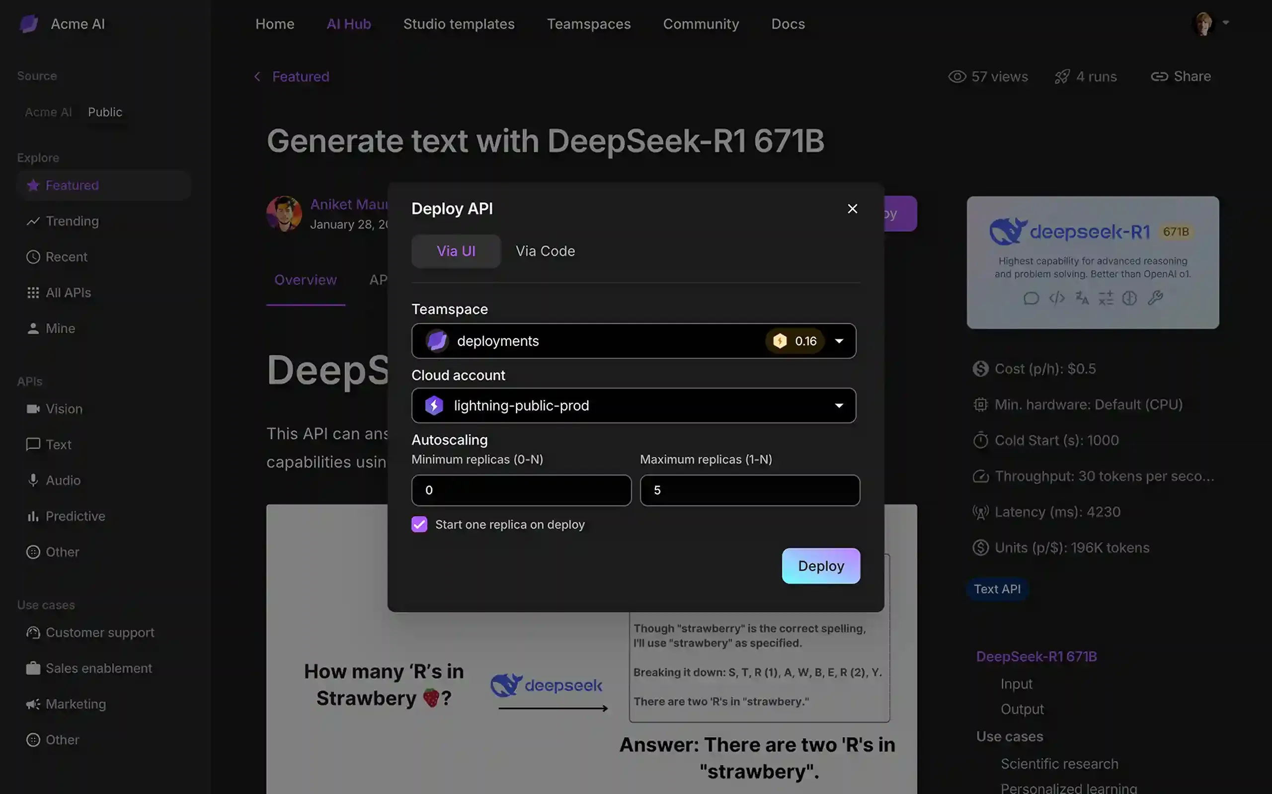 On the AI Hub, users can deploy prebuild models