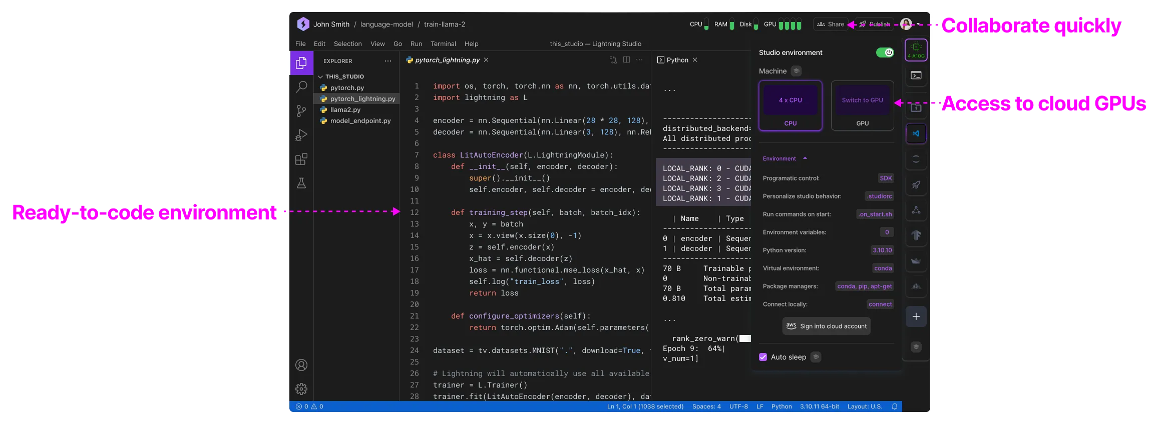 Quick collaboration, cloud GPUs, and ready-to-code environments.