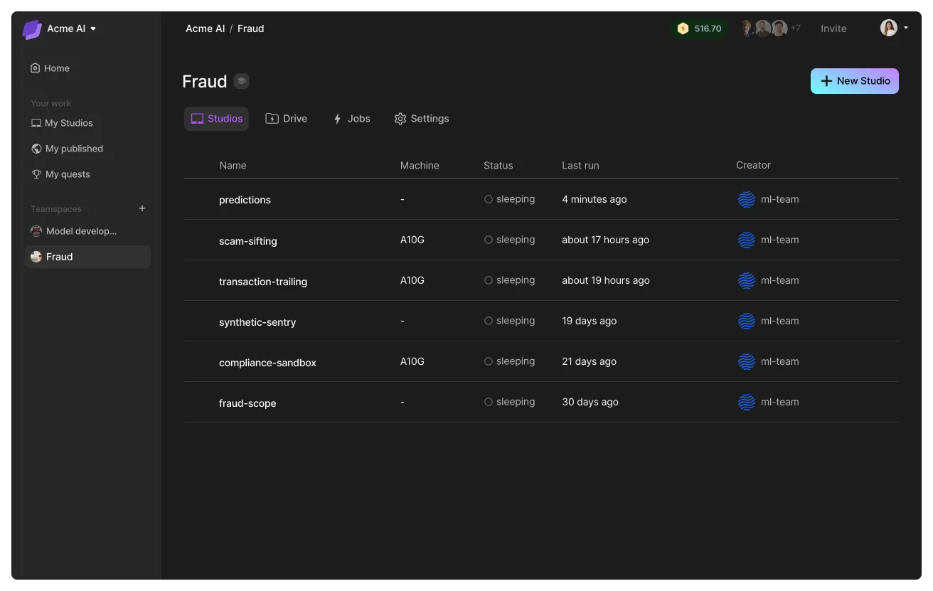 A teamspace brings Studios, data, and people together to work on a single goal.