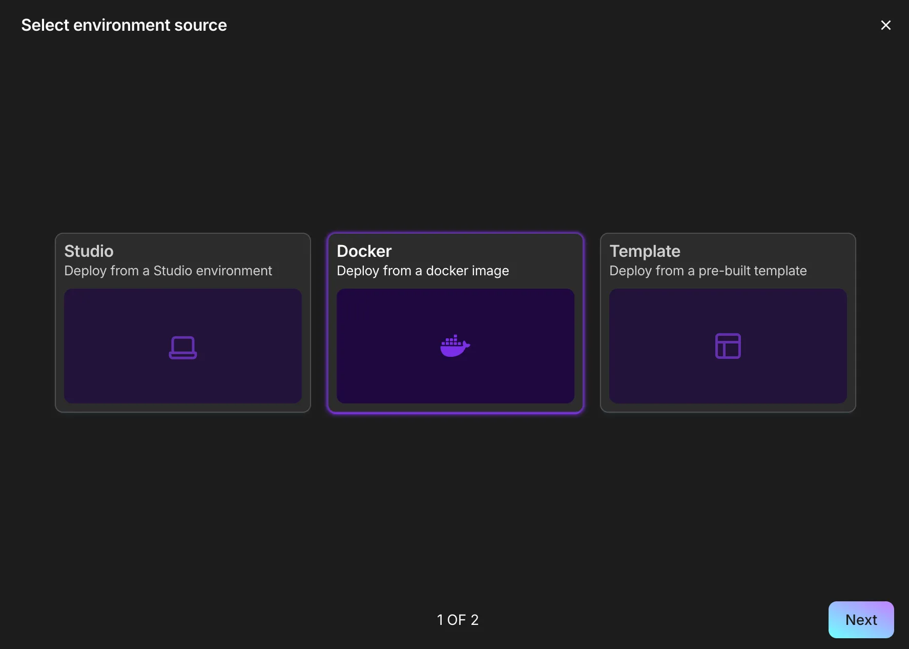 View of the Deployments environment source selector, with Docker selected