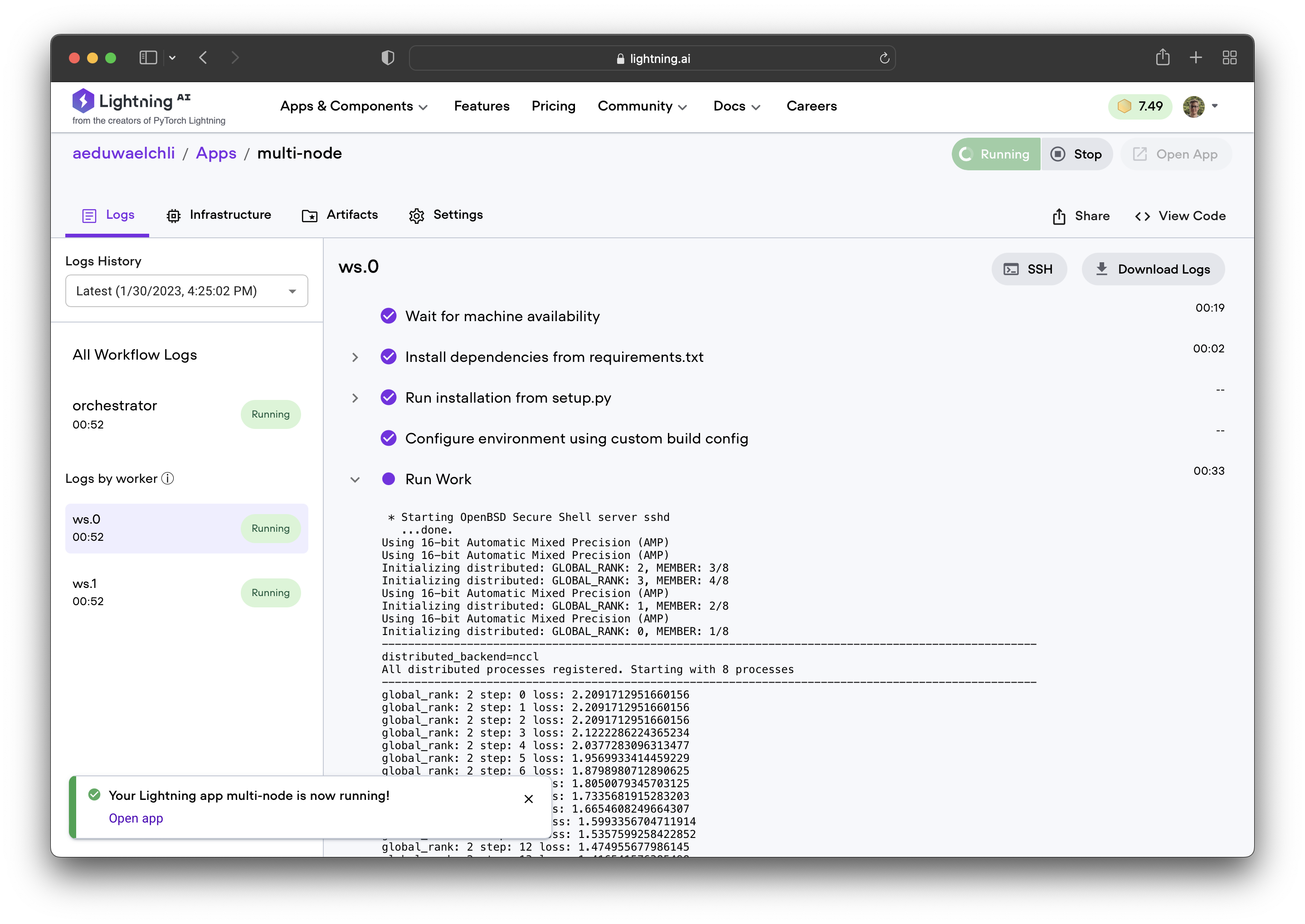 The Lightning AI admin page of an app running a multi-node fabric training script