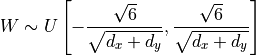 W\sim U\left[-\frac{\sqrt{6}}{\sqrt{d_x+d_y}}, \frac{\sqrt{6}}{\sqrt{d_x+d_y}}\right]