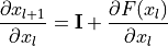 \frac{\partial x_{l+1}}{\partial x_{l}} = \mathbf{I} + \frac{\partial F(x_{l})}{\partial x_{l}}