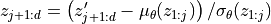 z_{j+1:d} = \left(z'_{j+1:d} - \mu_{\theta}(z_{1:j})\right) / \sigma_{\theta}(z_{1:j})