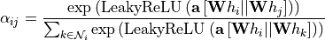 \alpha_{ij} = \frac{\exp\left(\text{LeakyReLU}\left(\mathbf{a}\left[\mathbf{W}h_i||\mathbf{W}h_j\right]\right)\right)}{\sum_{k\in\mathcal{N}_i} \exp\left(\text{LeakyReLU}\left(\mathbf{a}\left[\mathbf{W}h_i||\mathbf{W}h_k\right]\right)\right)}