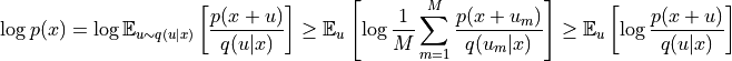 \log p(x) = \log \mathbb{E}_{u\sim q(u|x)}\left[\frac{p(x+u)}{q(u|x)} \right] \geq \mathbb{E}_{u}\left[\log \frac{1}{M} \sum_{m=1}^{M} \frac{p(x+u_m)}{q(u_m|x)} \right] \geq \mathbb{E}_{u}\left[\log \frac{p(x+u)}{q(u|x)} \right]