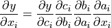 \frac{\partial y}{\partial x_i} = \frac{\partial y}{\partial c_i}\frac{\partial c_i}{\partial b_i}\frac{\partial b_i}{\partial a_i}\frac{\partial a_i}{\partial x_i}