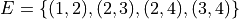 E=\{(1,2), (2,3), (2,4), (3,4)\}