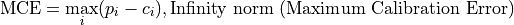 \text{MCE} =  \max_{i} (p_i - c_i), \text{Infinity norm (Maximum Calibration Error)}